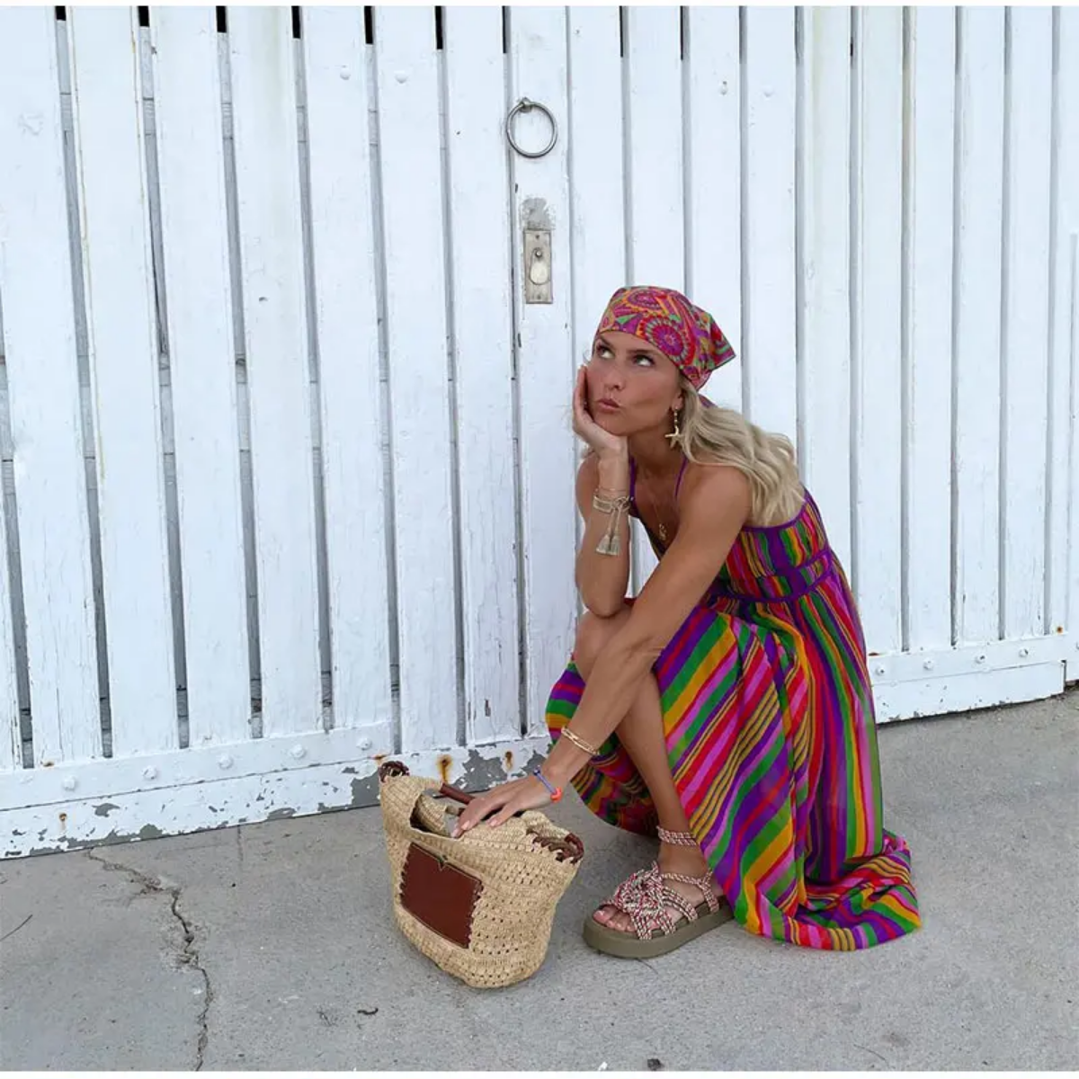 Colorful Stripe V-neck Halter  Sleeveless  Backless High Wasit Maxi Dresses