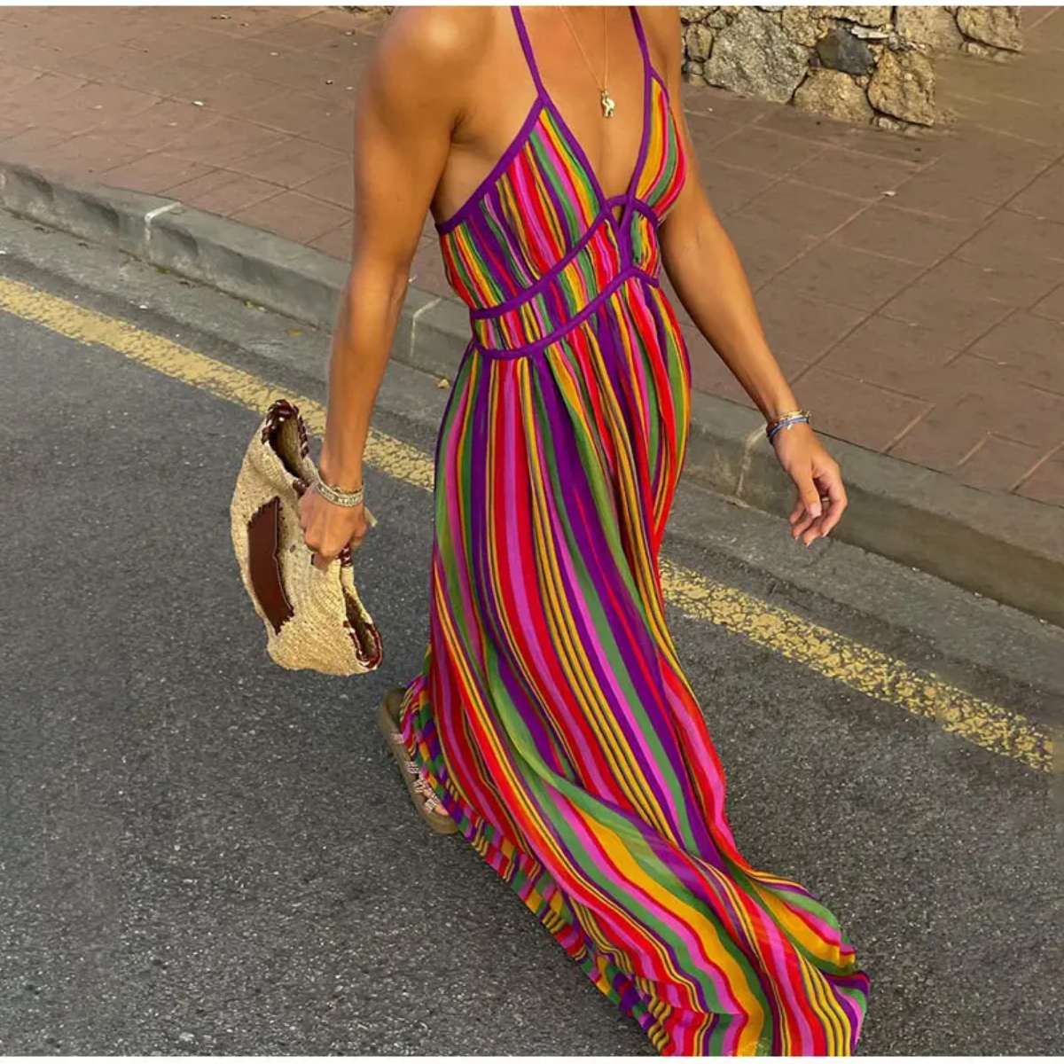 Colorful Stripe V-neck Halter  Sleeveless  Backless High Wasit Maxi Dresses