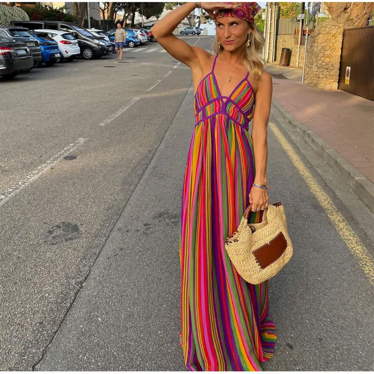 Colorful Stripe V-neck Halter  Sleeveless  Backless High Wasit Maxi Dresses