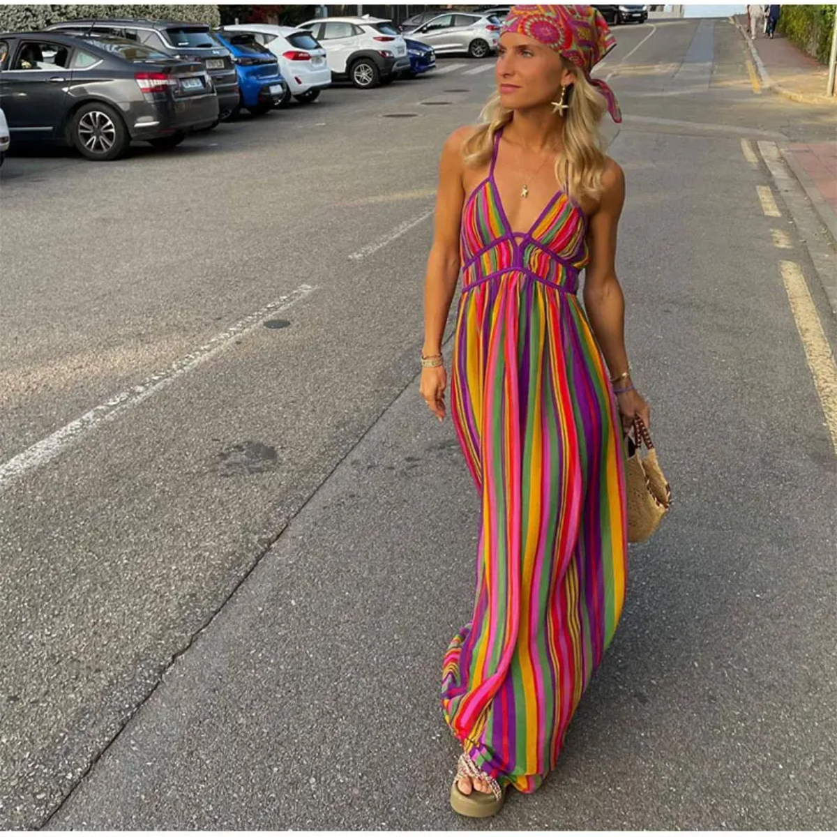 Colorful Stripe V-neck Halter  Sleeveless  Backless High Wasit Maxi Dresses