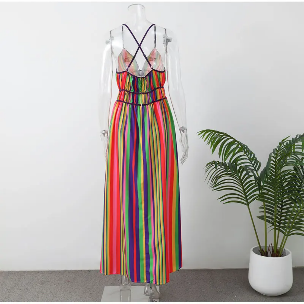 Colorful Stripe V-neck Halter  Sleeveless  Backless High Wasit Maxi Dresses