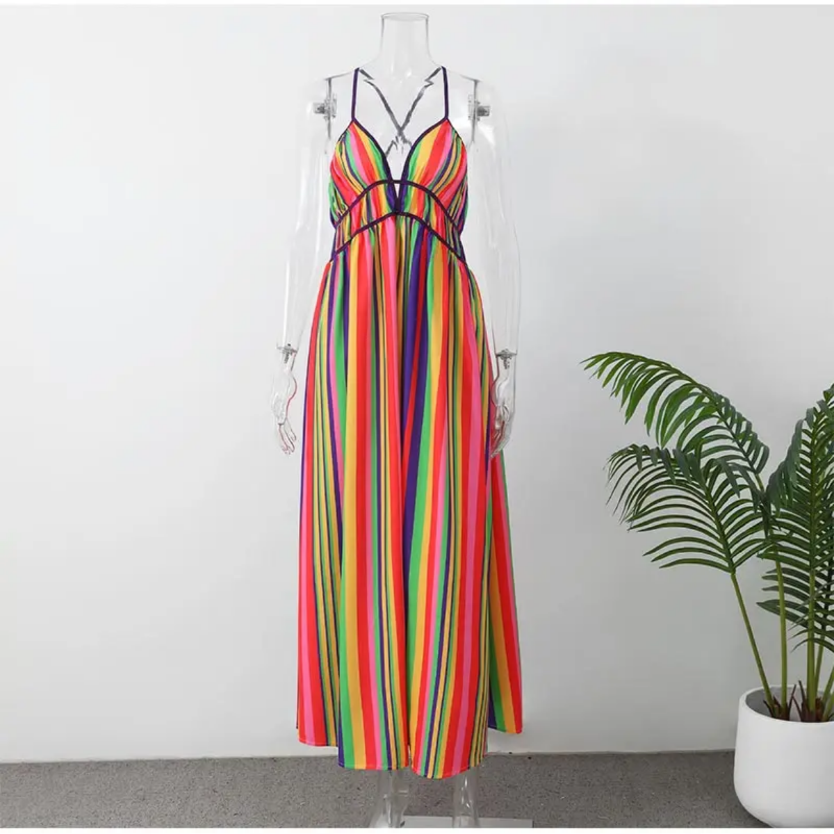 Colorful Stripe V-neck Halter  Sleeveless  Backless High Wasit Maxi Dresses