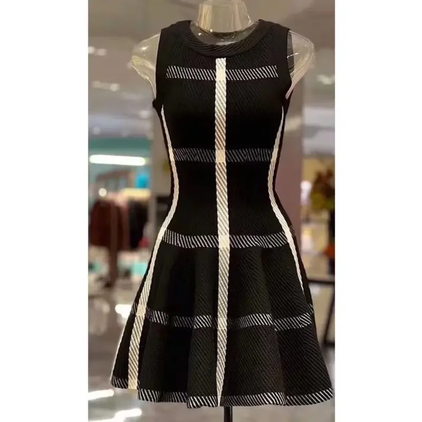 2024 Fashion Color Clash  Knit Cotton Sleeveless Mini A-Line Black Dresses