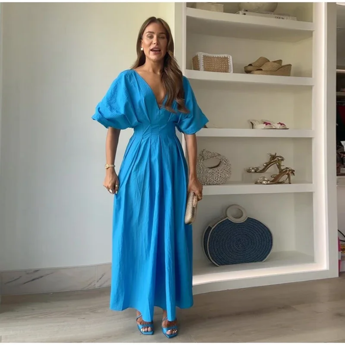 2024 Elegant V Neck Short Puff Sleeve Solid Pleated Waist Maxi Dresses