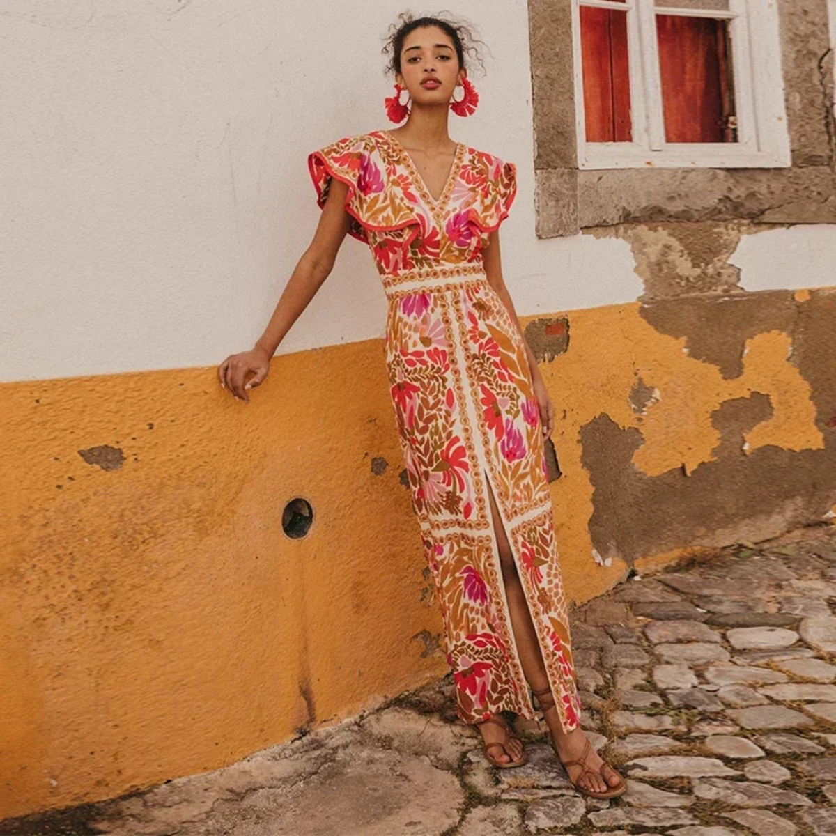 Fashion Flying Sleeved Flower Print Split Maxi Dress