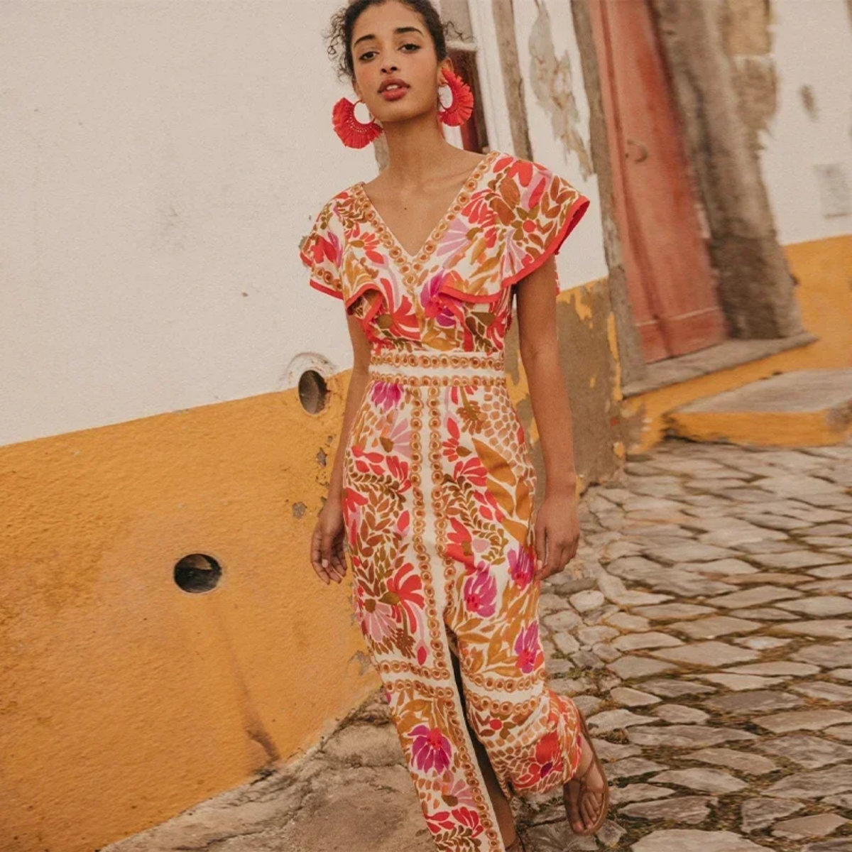 Fashion Flying Sleeved Flower Print Split Maxi Dress