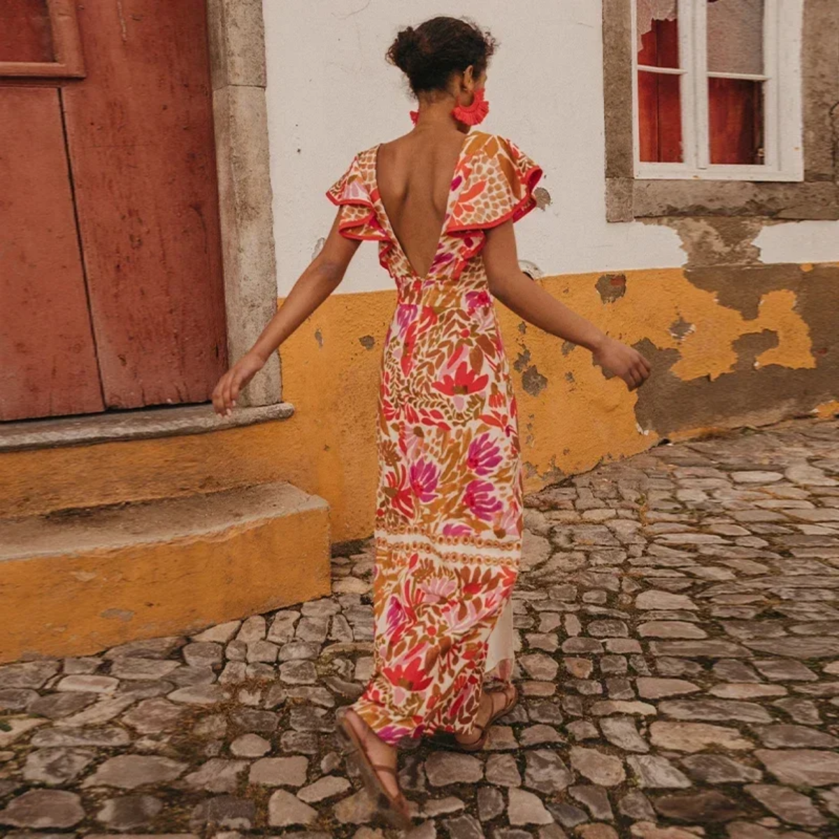 Fashion Flying Sleeved Flower Print Split Maxi Dress