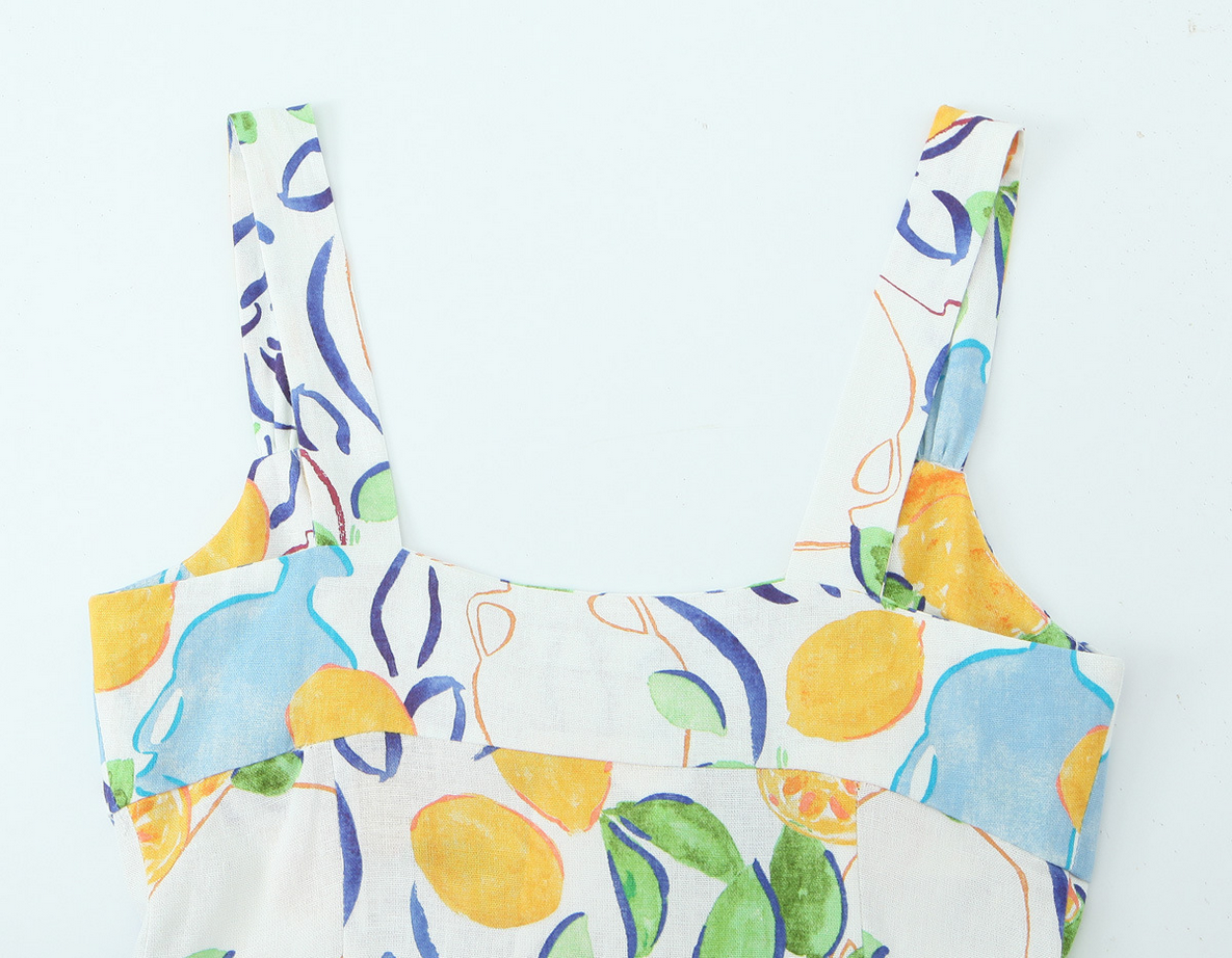 Summer 2024 Holiday Linen Print Slim Fit Sling Midi Long Dress