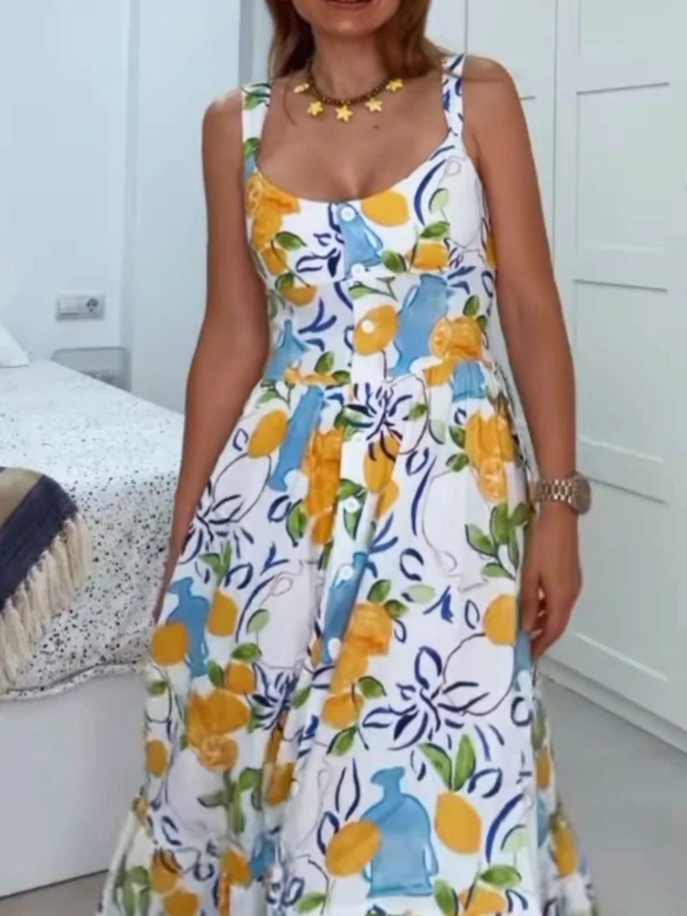 Summer 2024 Holiday Linen Print Slim Fit Sling Midi Long Dress