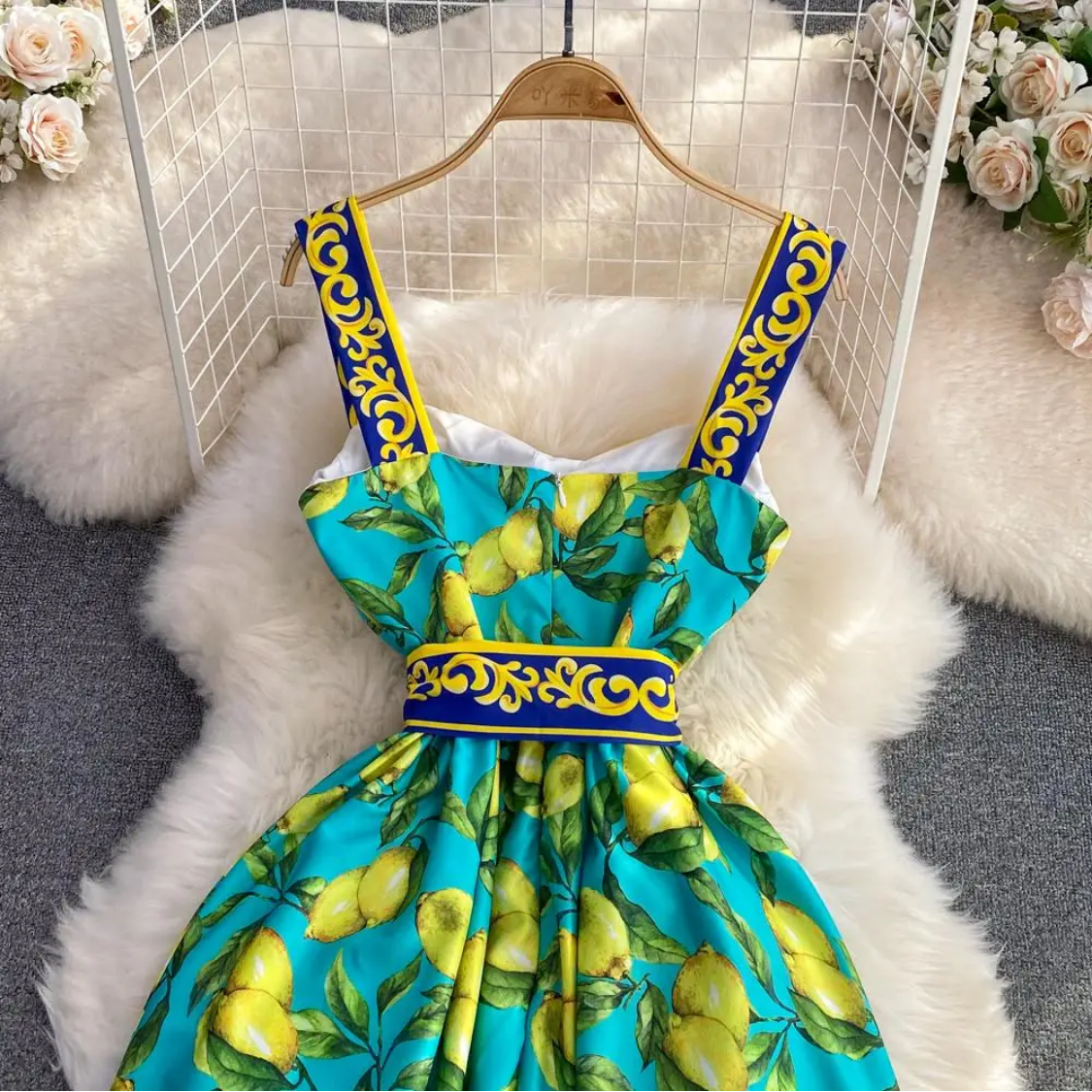 Sleeveless Summer Bohemian Lemon Print Belted Elegant Vacation Long Spaghetti Strap Maxi Dress