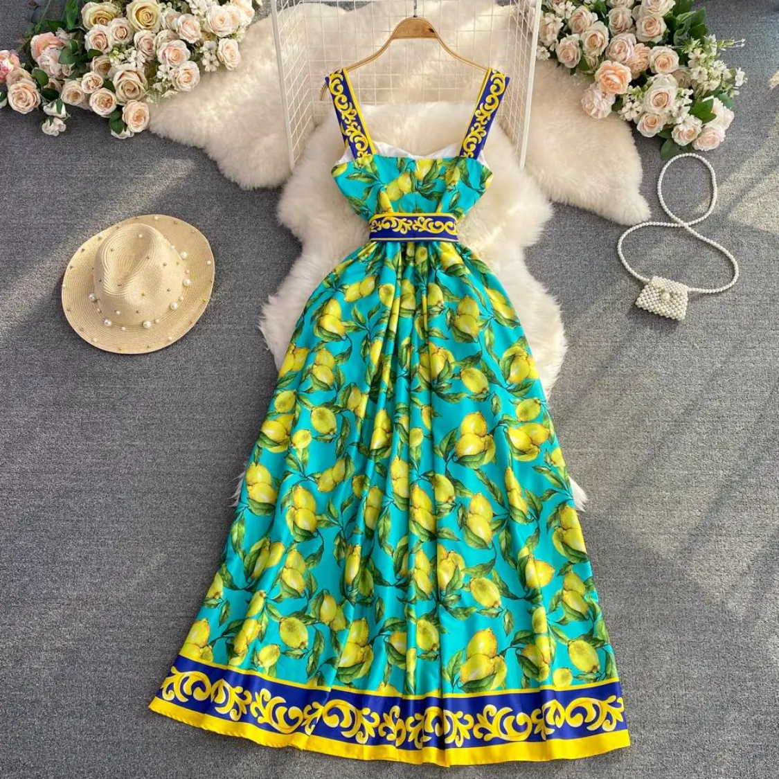 Sleeveless Summer Bohemian Lemon Print Belted Elegant Vacation Long Spaghetti Strap Maxi Dress