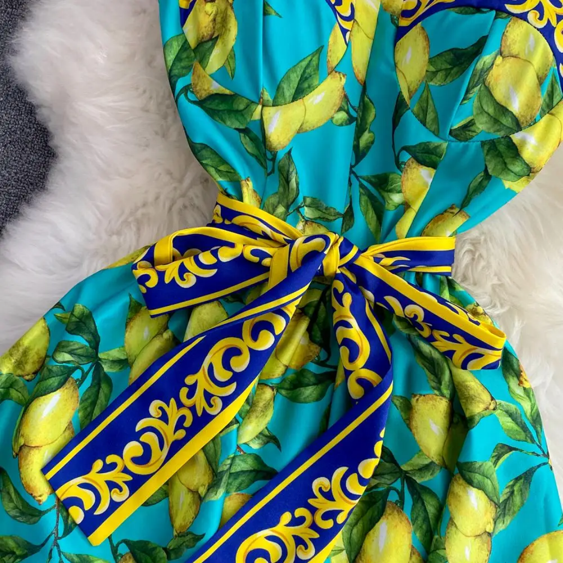 Sleeveless Summer Bohemian Lemon Print Belted Elegant Vacation Long Spaghetti Strap Maxi Dress