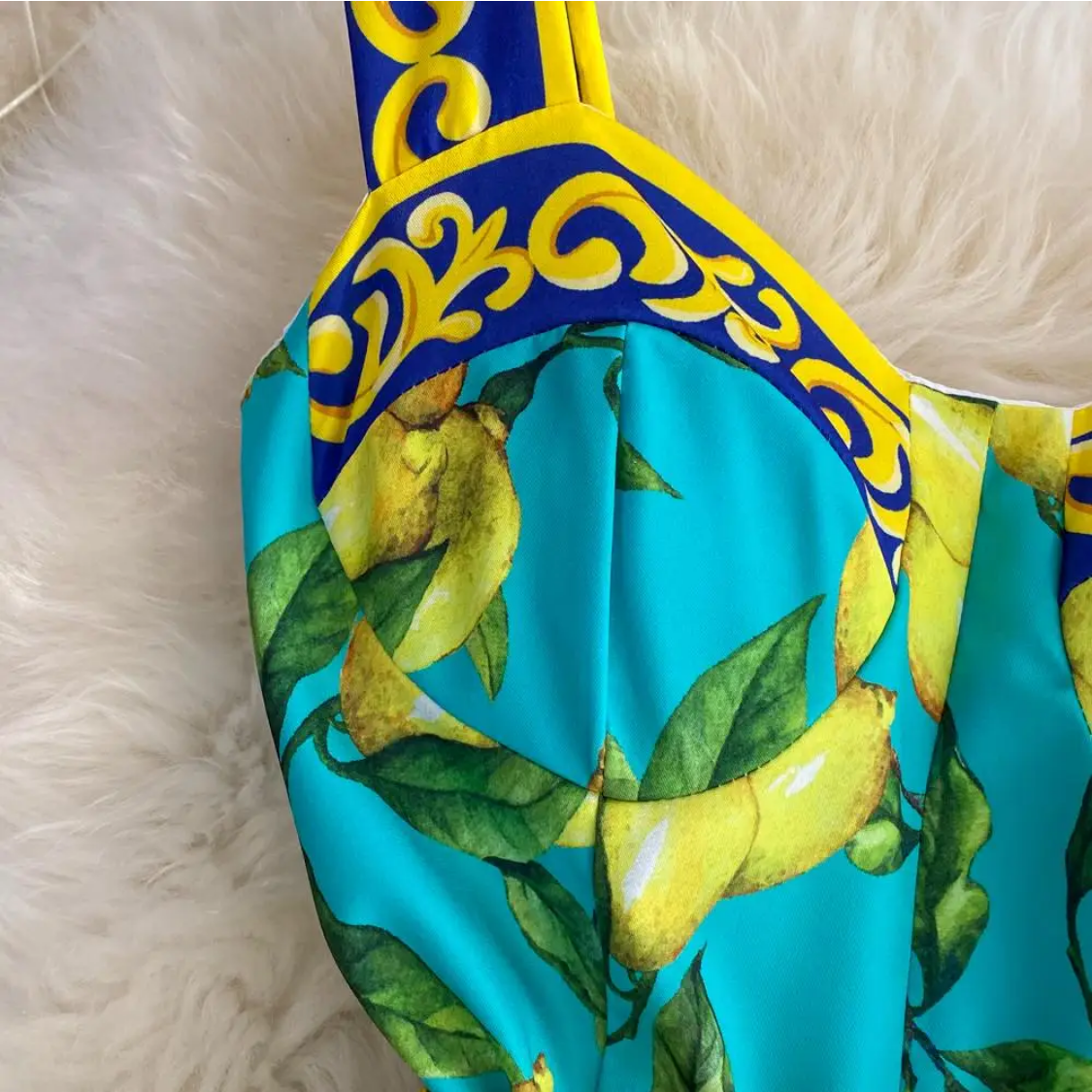 Sleeveless Summer Bohemian Lemon Print Belted Elegant Vacation Long Spaghetti Strap Maxi Dress