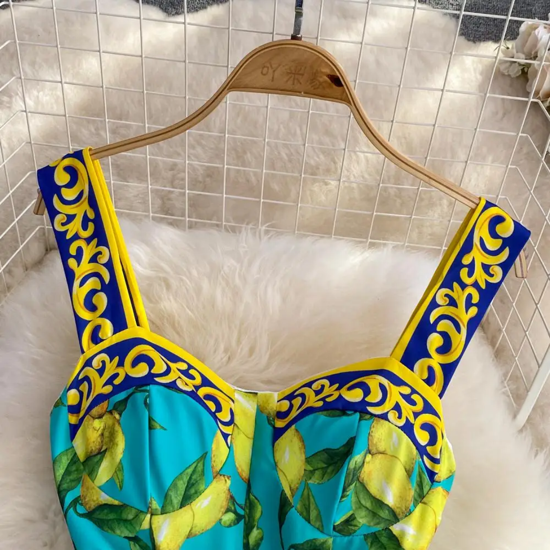 Sleeveless Summer Bohemian Lemon Print Belted Elegant Vacation Long Spaghetti Strap Maxi Dress
