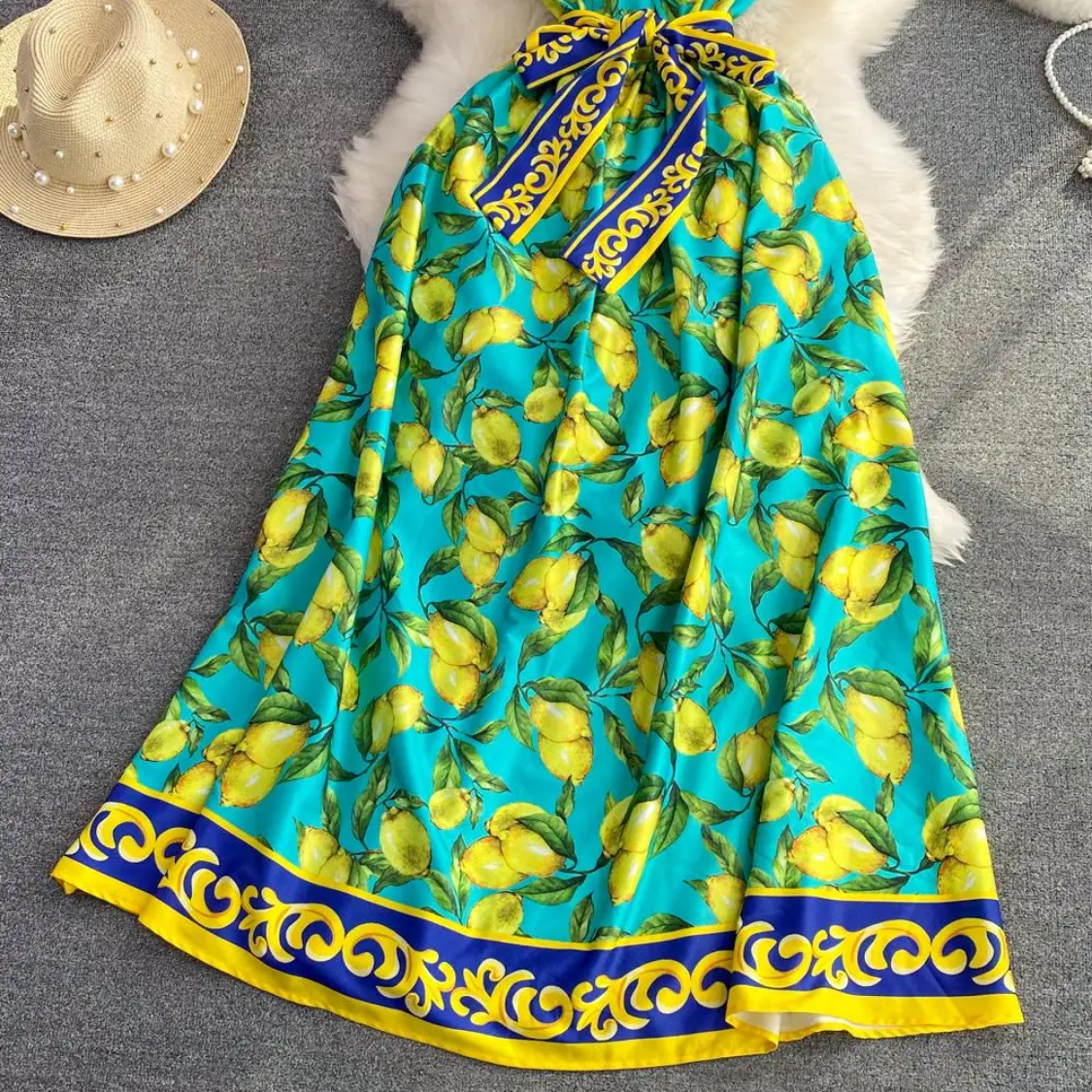 Sleeveless Summer Bohemian Lemon Print Belted Elegant Vacation Long Spaghetti Strap Maxi Dress