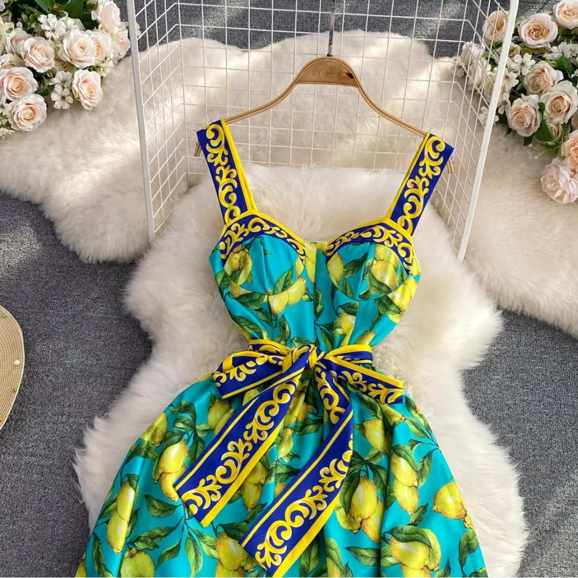 Sleeveless Summer Bohemian Lemon Print Belted Elegant Vacation Long Spaghetti Strap Maxi Dress