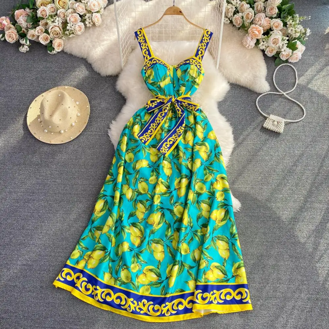 Sleeveless Summer Bohemian Lemon Print Belted Elegant Vacation Long Spaghetti Strap Maxi Dress