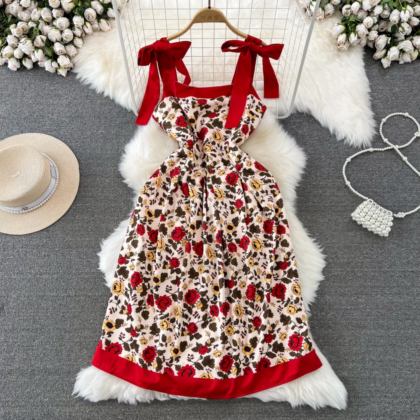 Summer  Vintage Red Printed Sleeveless Elegant Floral Slim A-line High Waisted Midi Dress