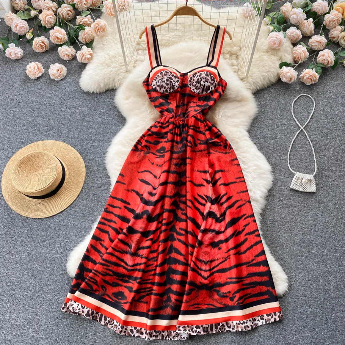 Vintage  Summer Leopard Print Three-dimensional  A Line High Waist Dress