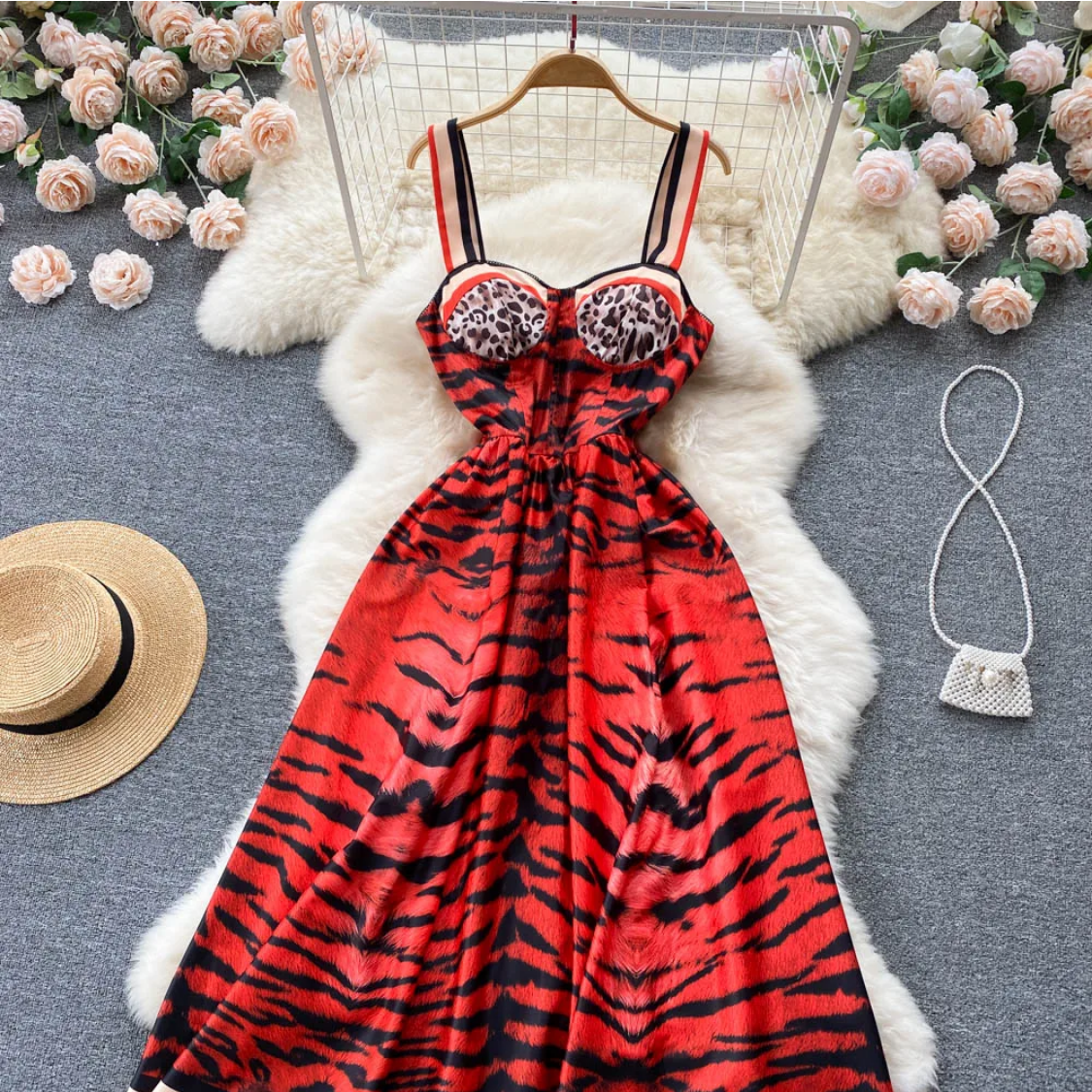 Vintage  Summer Leopard Print Three-dimensional  A Line High Waist Dress