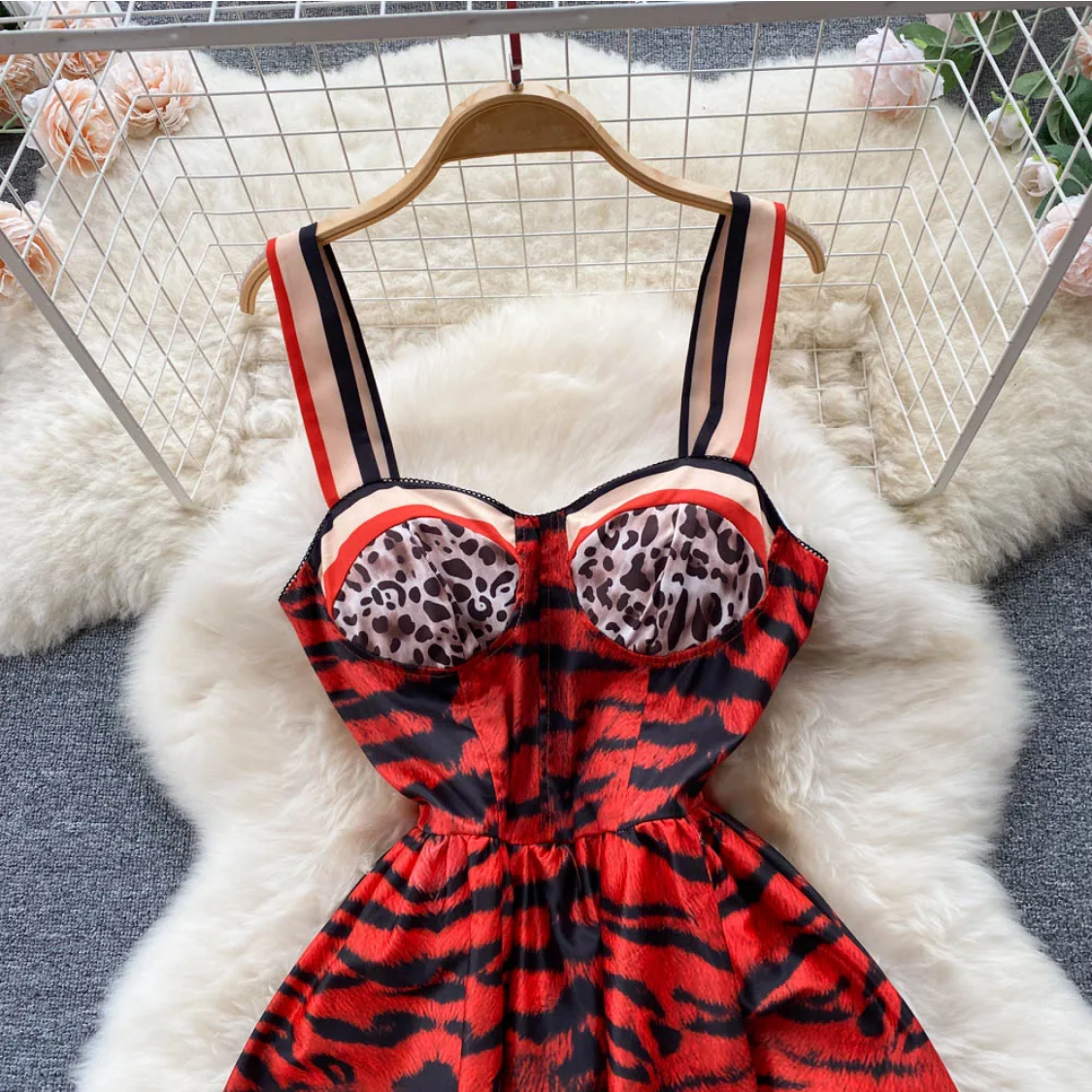 Vintage  Summer Leopard Print Three-dimensional  A Line High Waist Dress