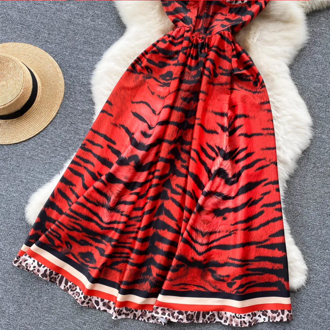 Vintage  Summer Leopard Print Three-dimensional  A Line High Waist Dress