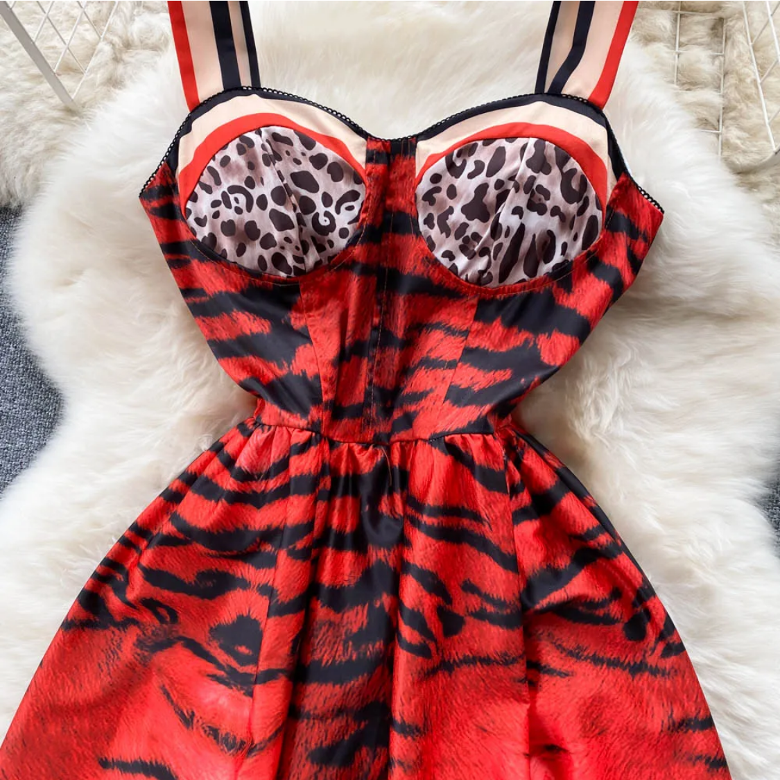 Vintage  Summer Leopard Print Three-dimensional  A Line High Waist Dress