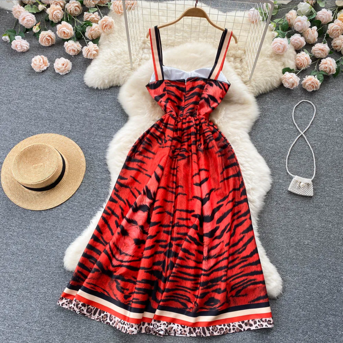Vintage  Summer Leopard Print Three-dimensional  A Line High Waist Dress