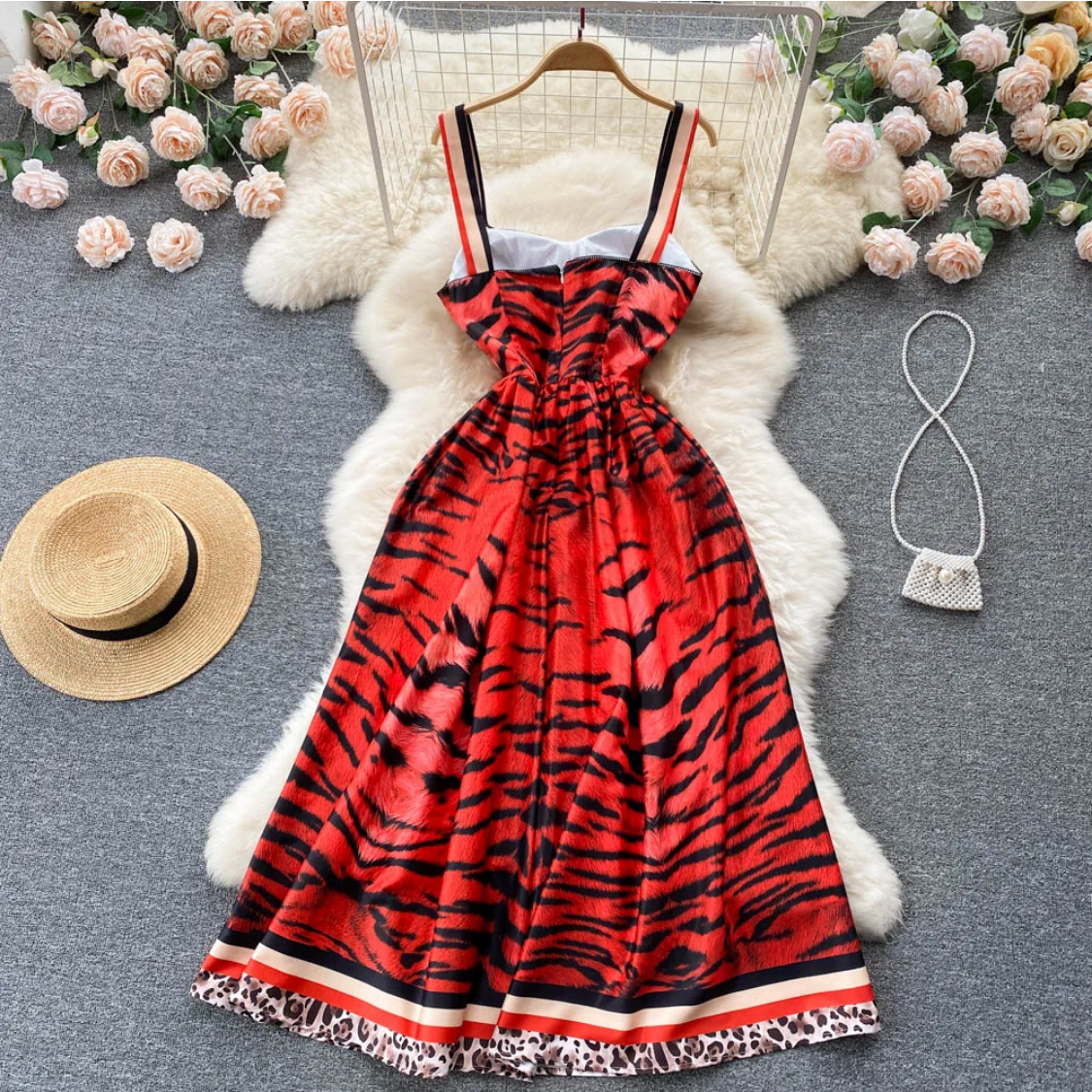 Vintage  Summer Leopard Print Three-dimensional  A Line High Waist Dress