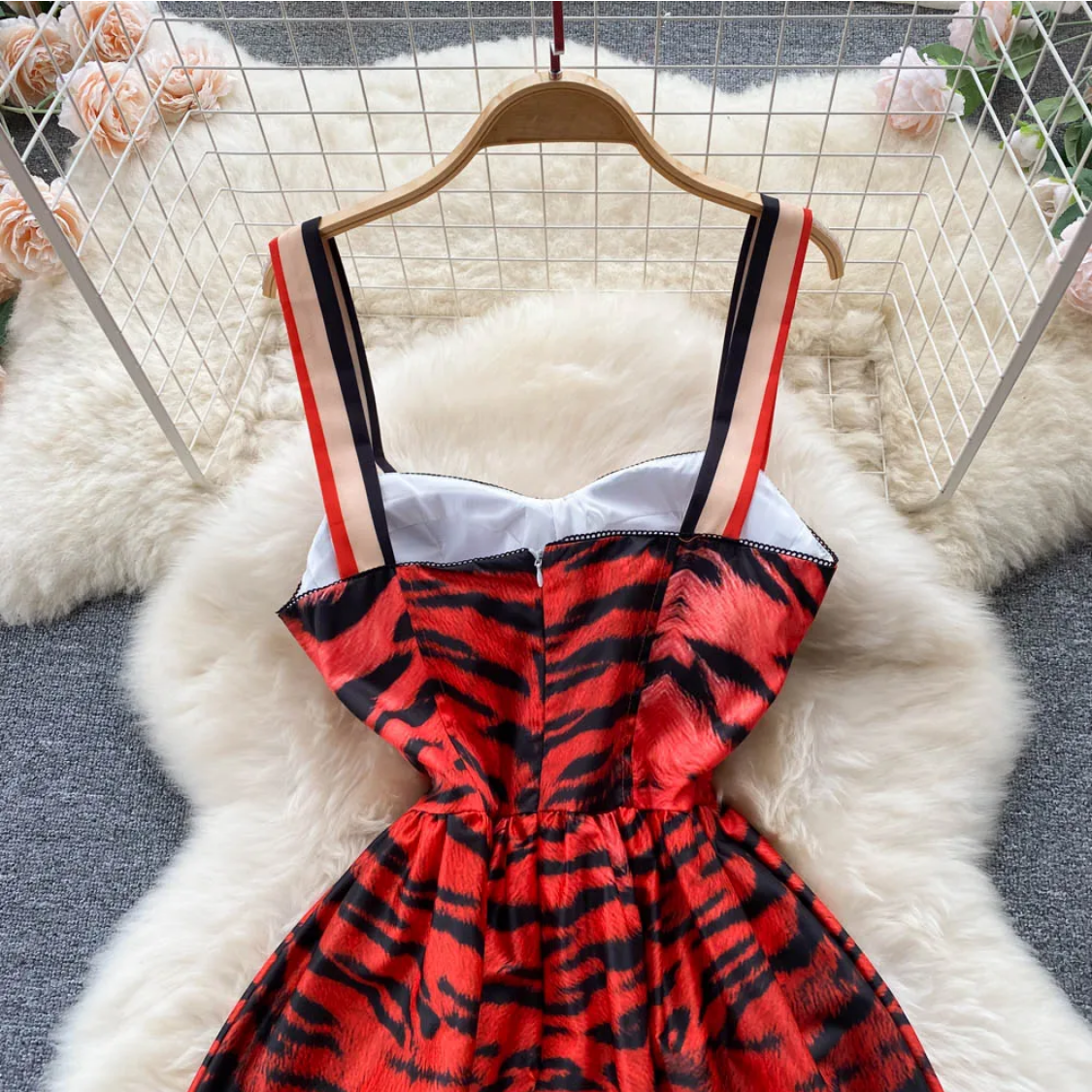 Vintage  Summer Leopard Print Three-dimensional  A Line High Waist Dress