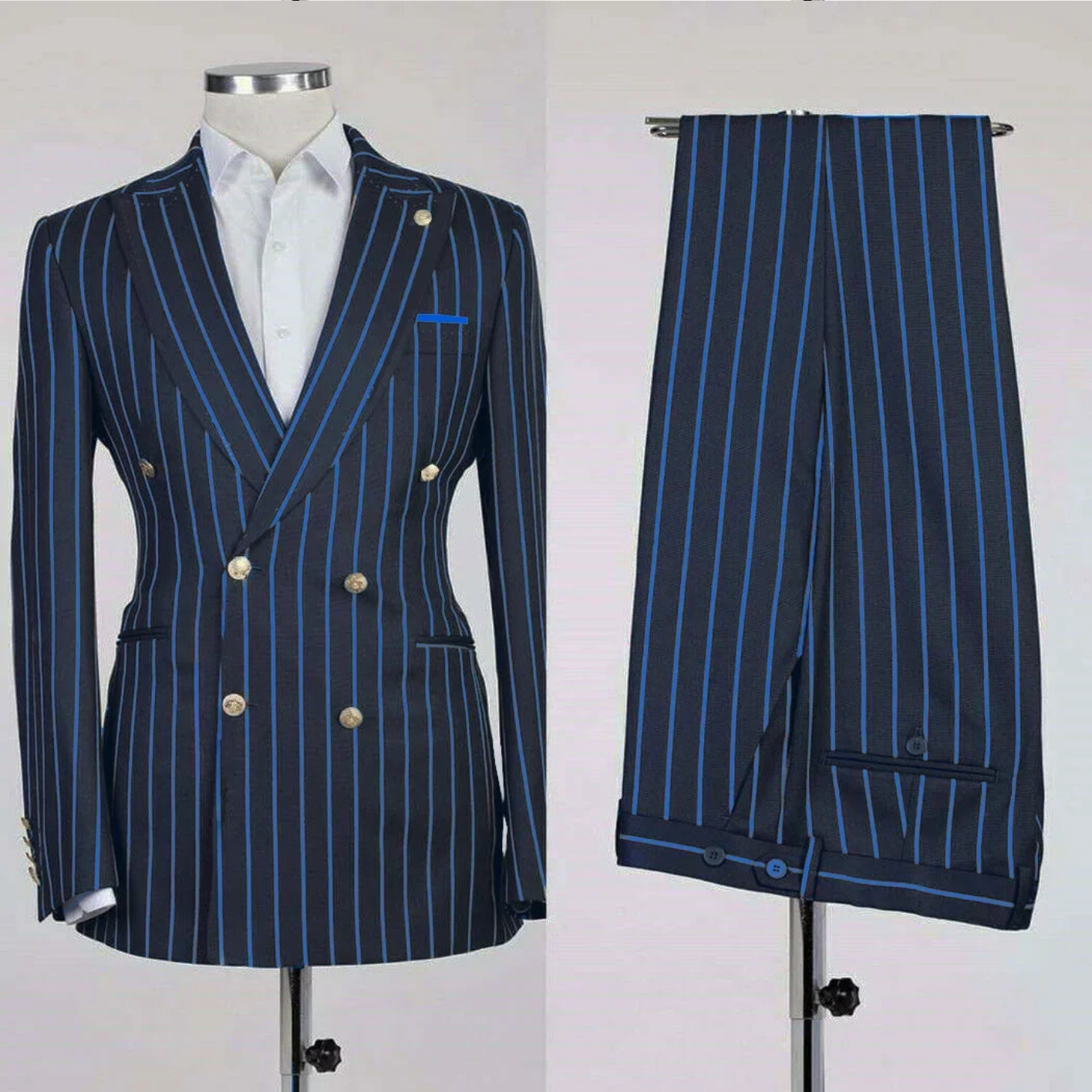 Men's  Stripe Coat with Pants Double Breasted Jacket British Style Pantsuits