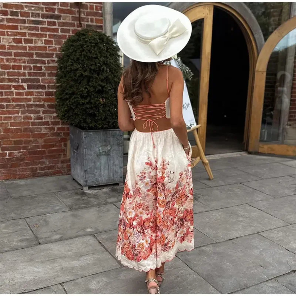 Floral Printed Hollow Out Backless Lace Up Off Shoulder Strapless Midi Dresses