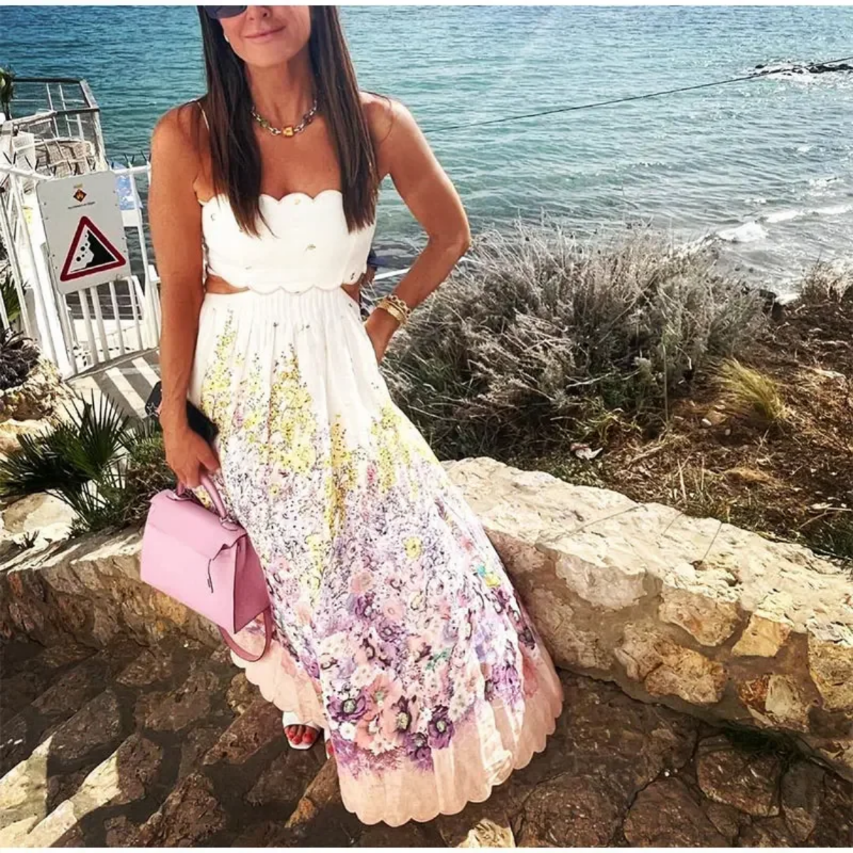 Floral Printed Hollow Out Backless Lace Up Off Shoulder Strapless Midi Dresses