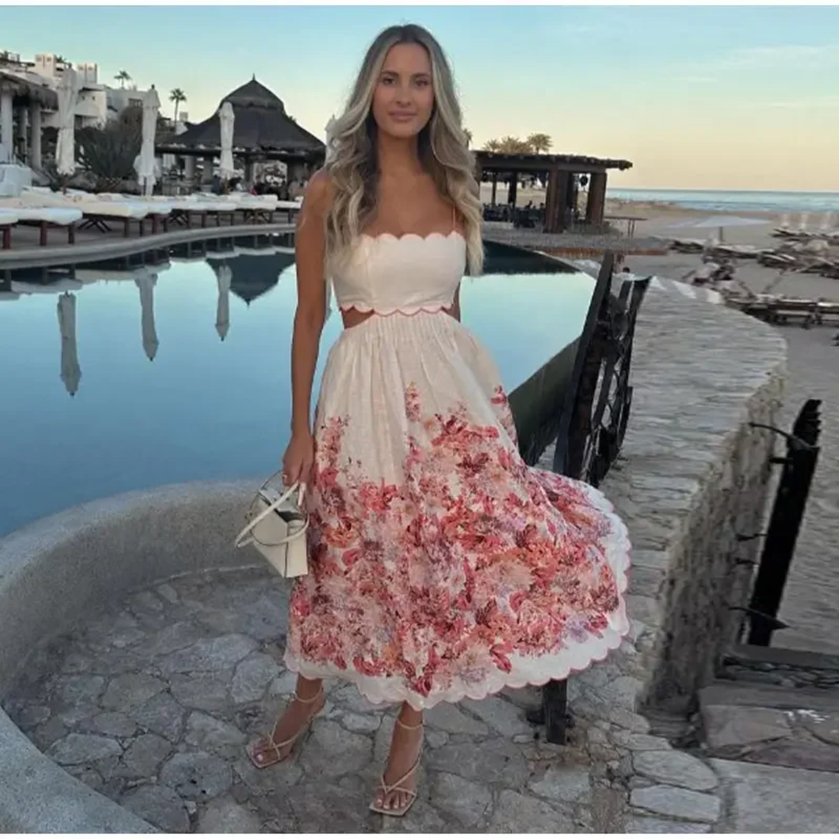 Floral Printed Hollow Out Backless Lace Up Off Shoulder Strapless Midi Dresses