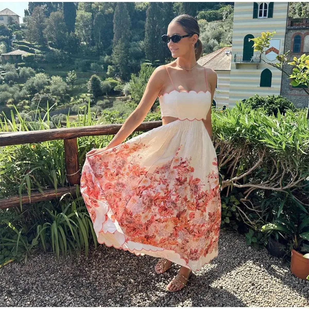 Floral Printed Hollow Out Backless Lace Up Off Shoulder Strapless Midi Dresses
