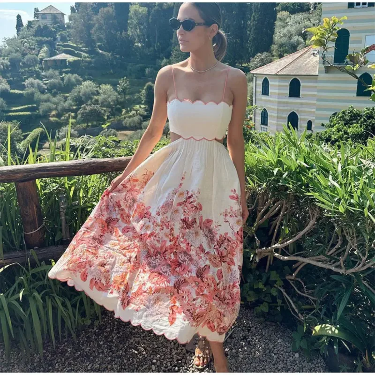 Floral Printed Hollow Out Backless Lace Up Off Shoulder Strapless Midi Dresses