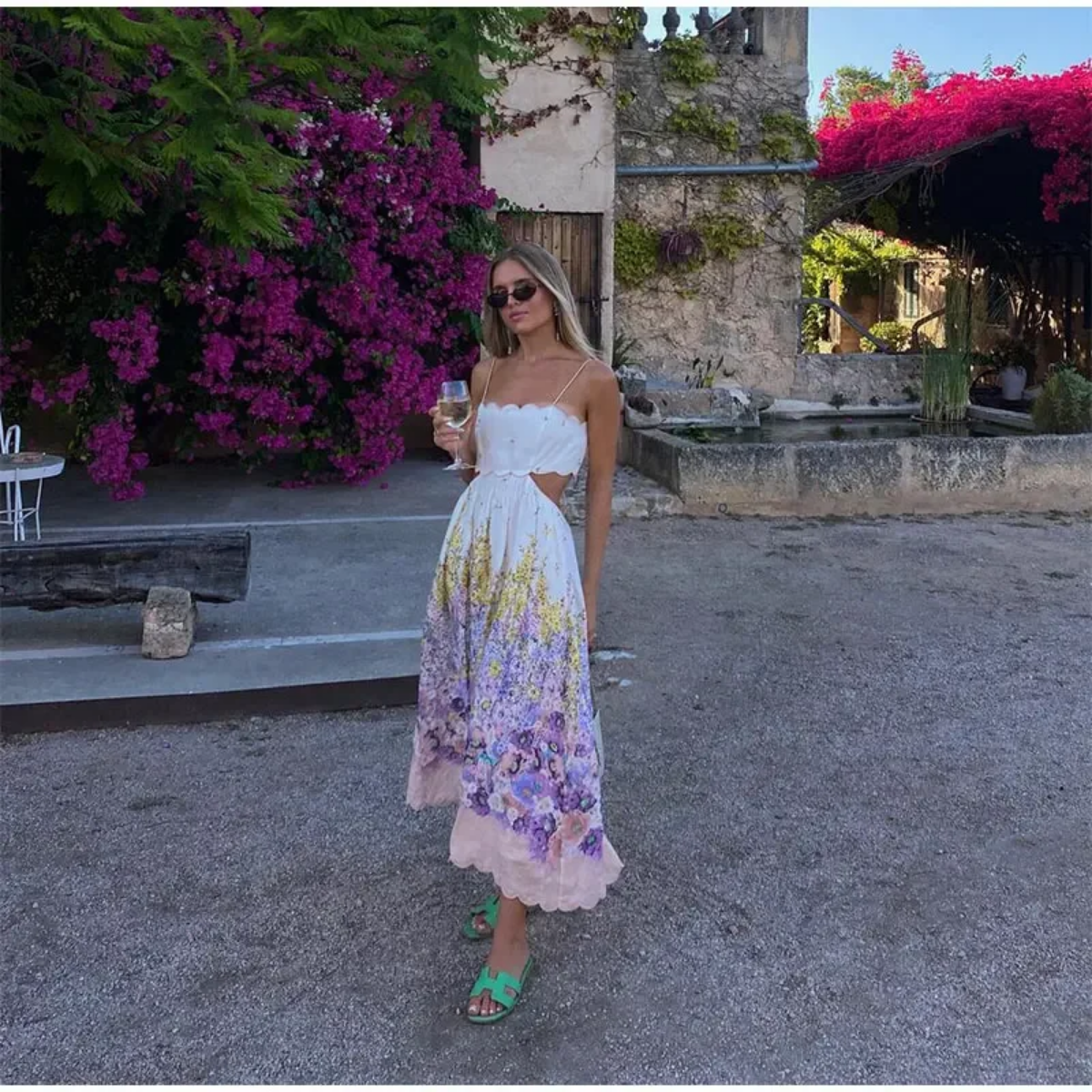 Floral Printed Hollow Out Backless Lace Up Off Shoulder Strapless Midi Dresses