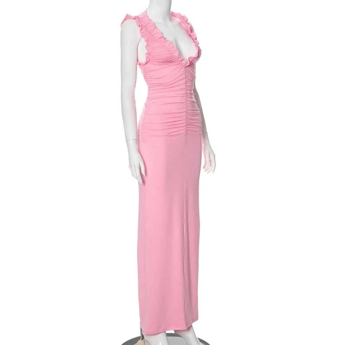 Summer  Low Cut U Neck Shirring Sleeveless Patchwork Maxi Dress