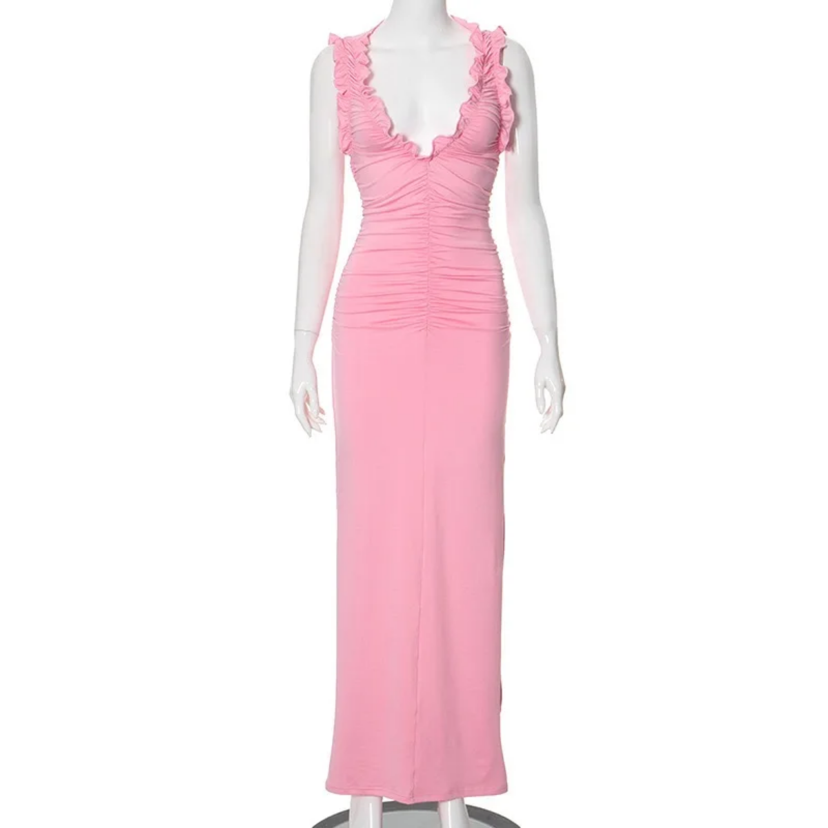 Summer  Low Cut U Neck Shirring Sleeveless Patchwork Maxi Dress