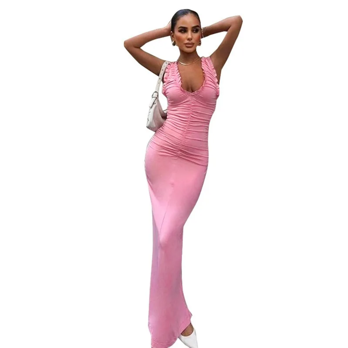 Summer  Low Cut U Neck Shirring Sleeveless Patchwork Maxi Dress