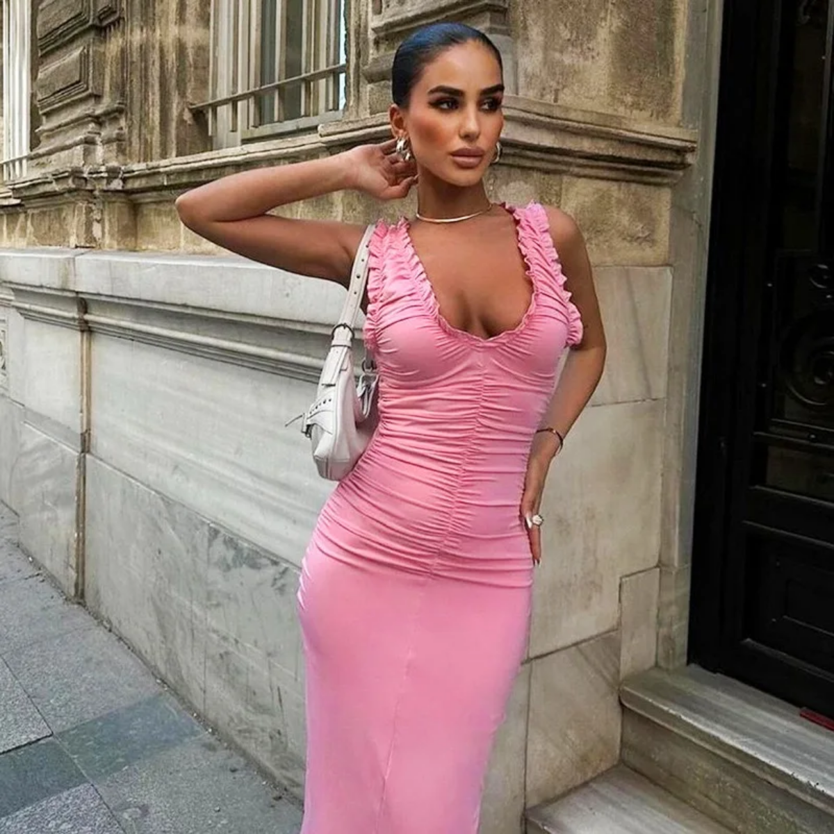 Summer  Low Cut U Neck Shirring Sleeveless Patchwork Maxi Dress