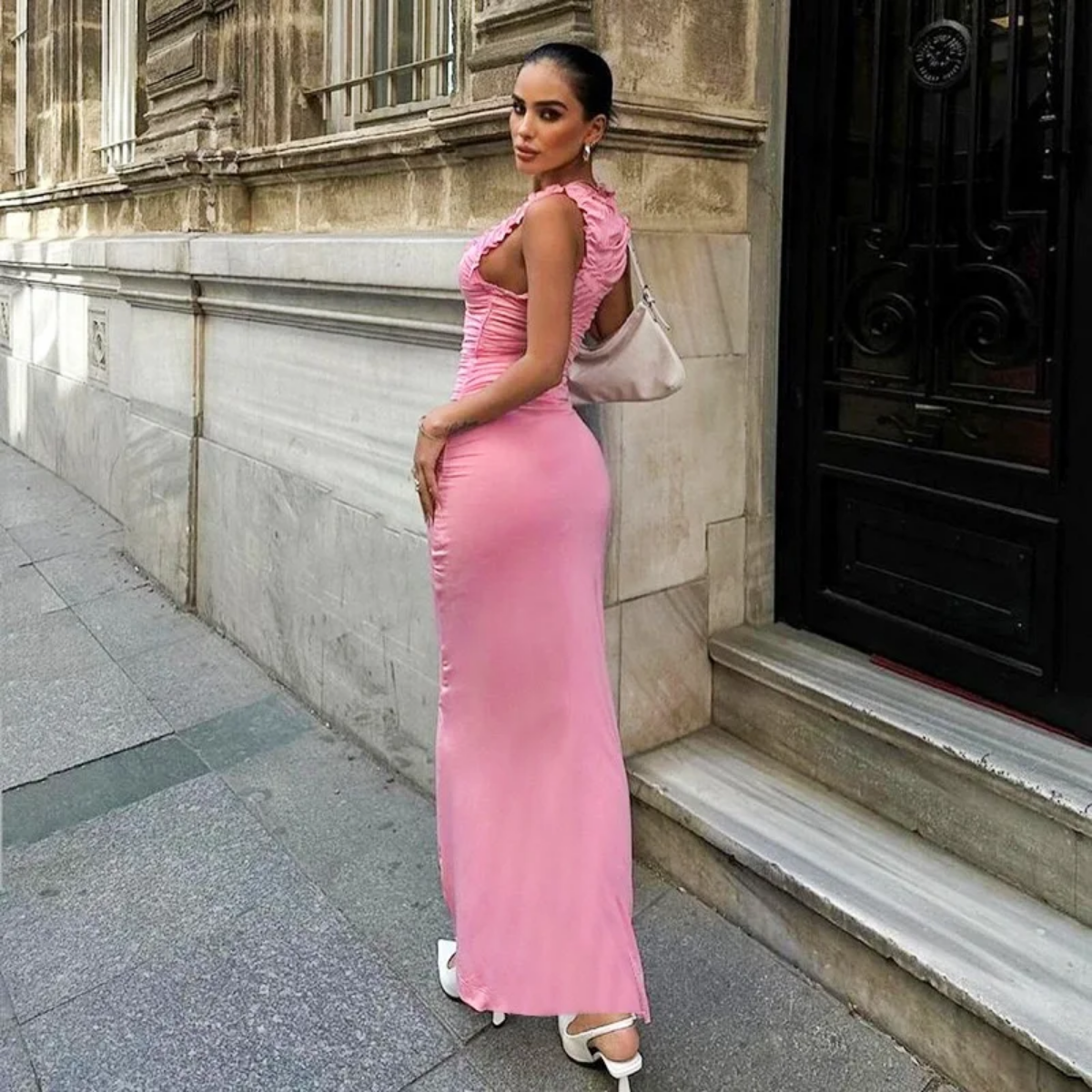 Summer  Low Cut U Neck Shirring Sleeveless Patchwork Maxi Dress