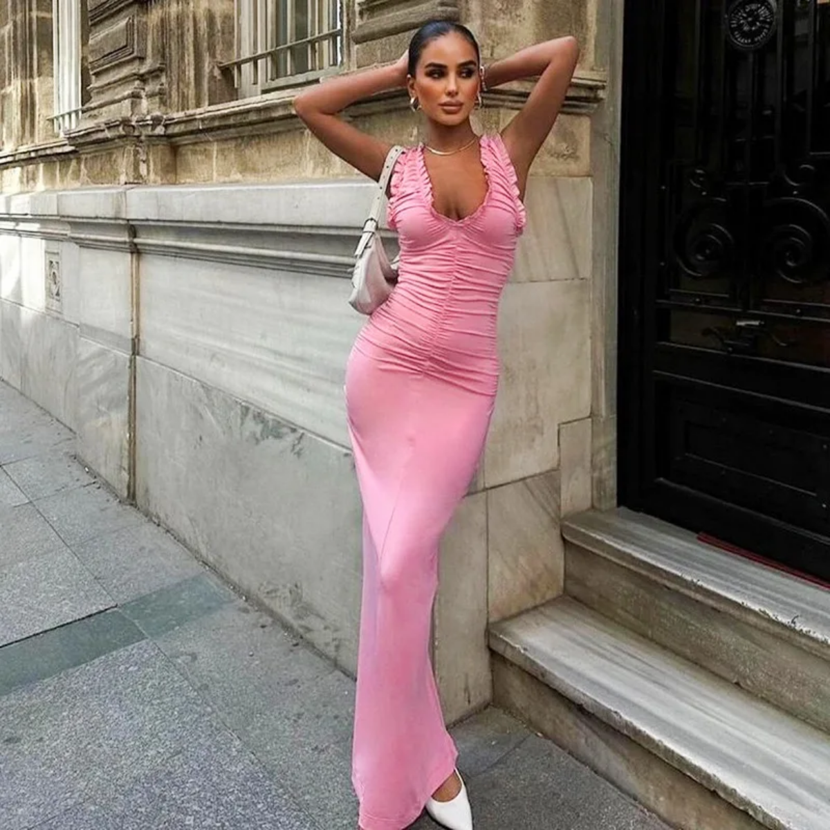 Summer  Low Cut U Neck Shirring Sleeveless Patchwork Maxi Dress