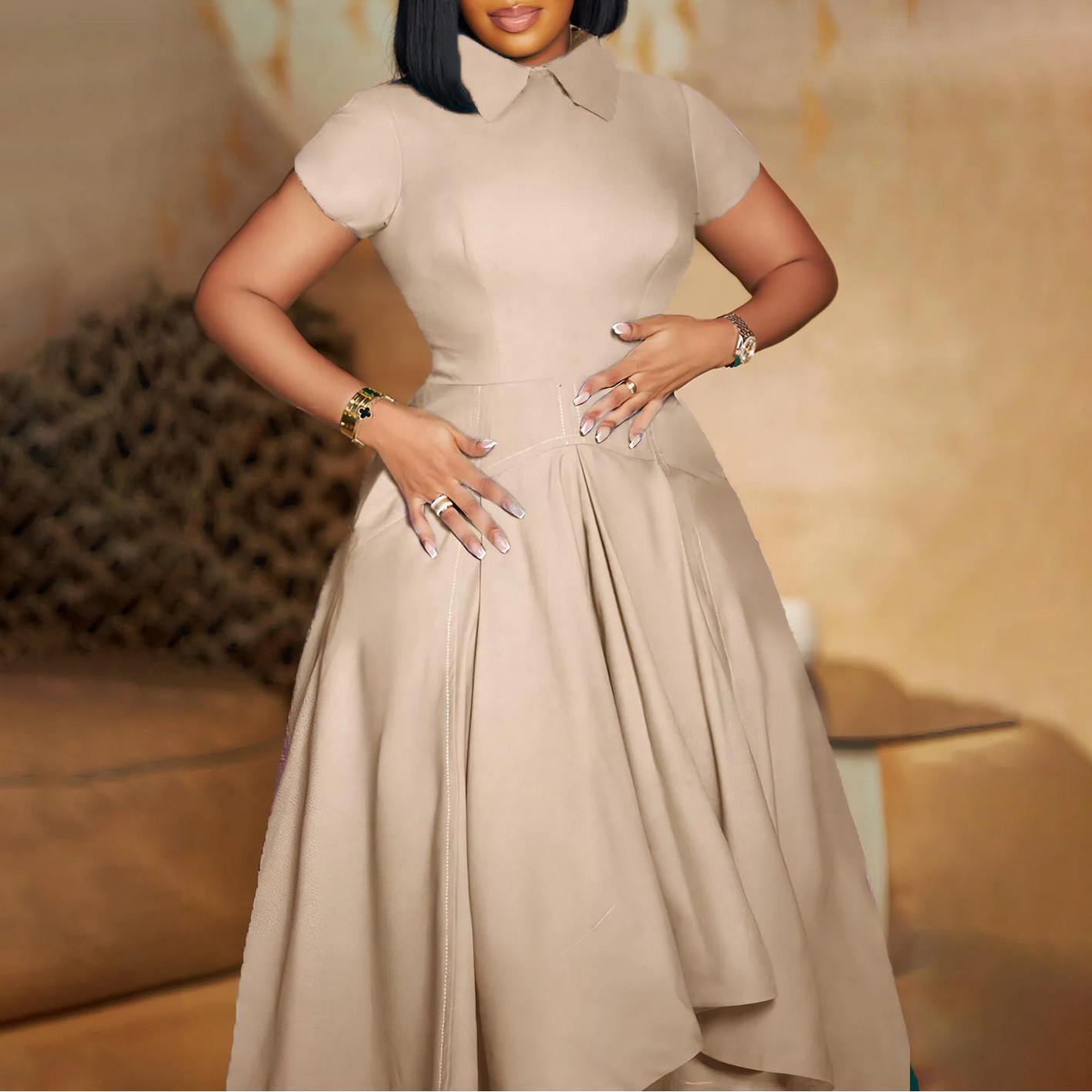 Pleated A Line Short Sleeves Irregular Length Classy Modest Dress