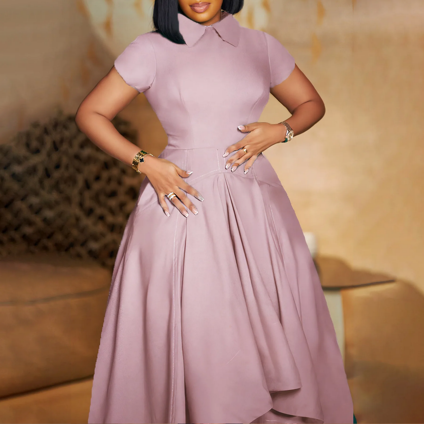 Pleated A Line Short Sleeves Irregular Length Classy Modest Dress