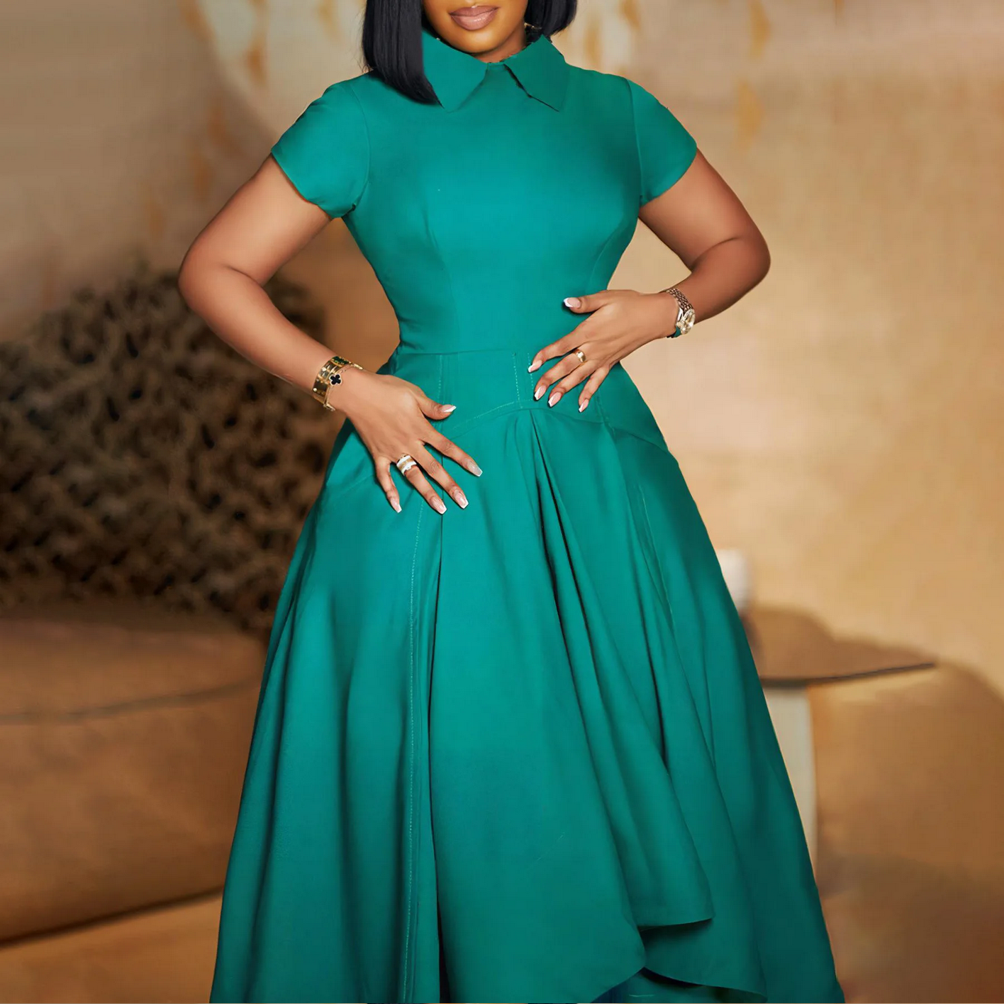 Pleated A Line Short Sleeves Irregular Length Classy Modest Dress