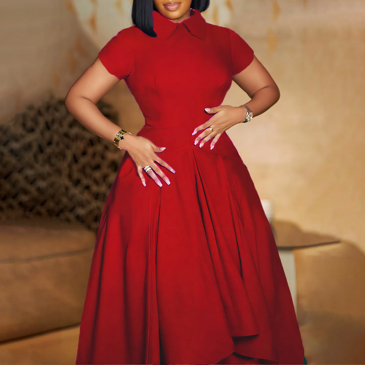 Pleated A Line Short Sleeves Irregular Length Classy Modest Dress