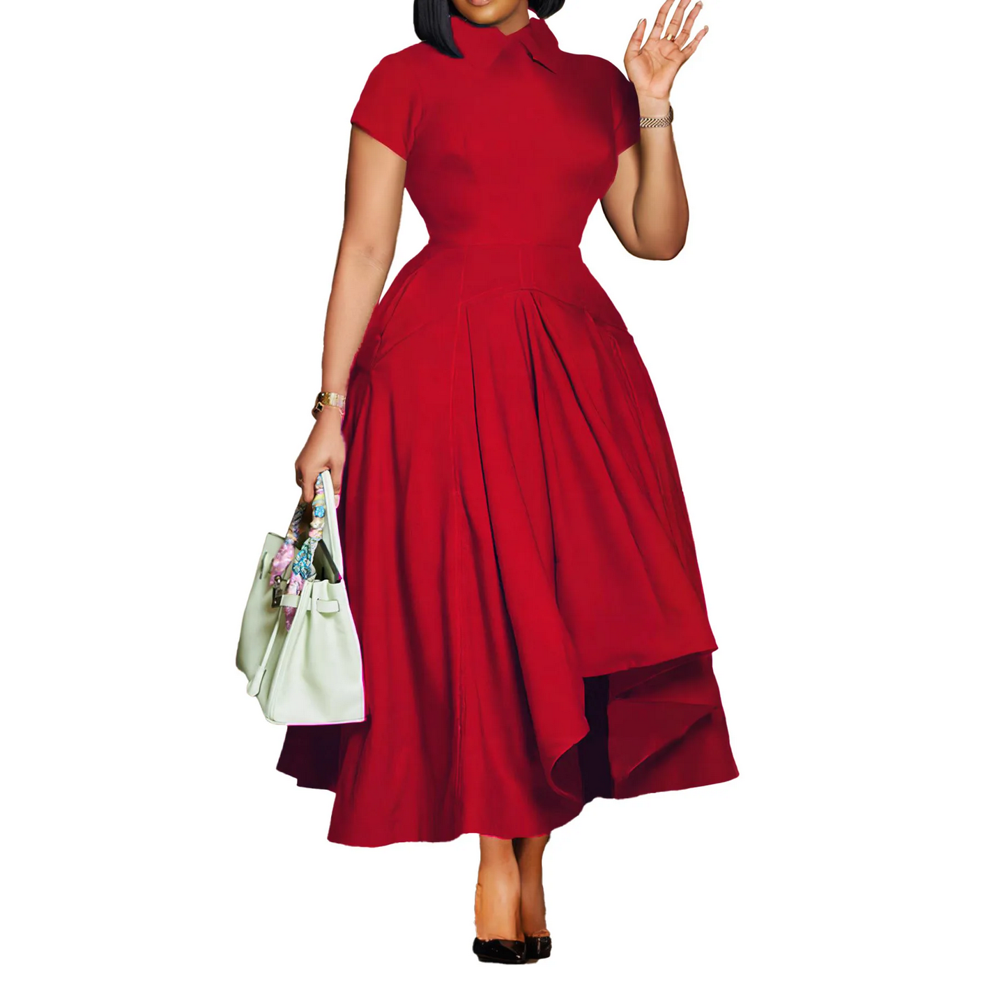 Pleated A Line Short Sleeves Irregular Length Classy Modest Dress