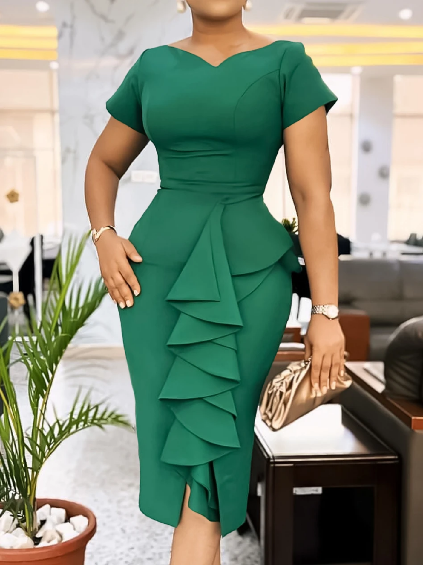 Bodycon V Neck Ruffles Short Sleeves Slim Dress