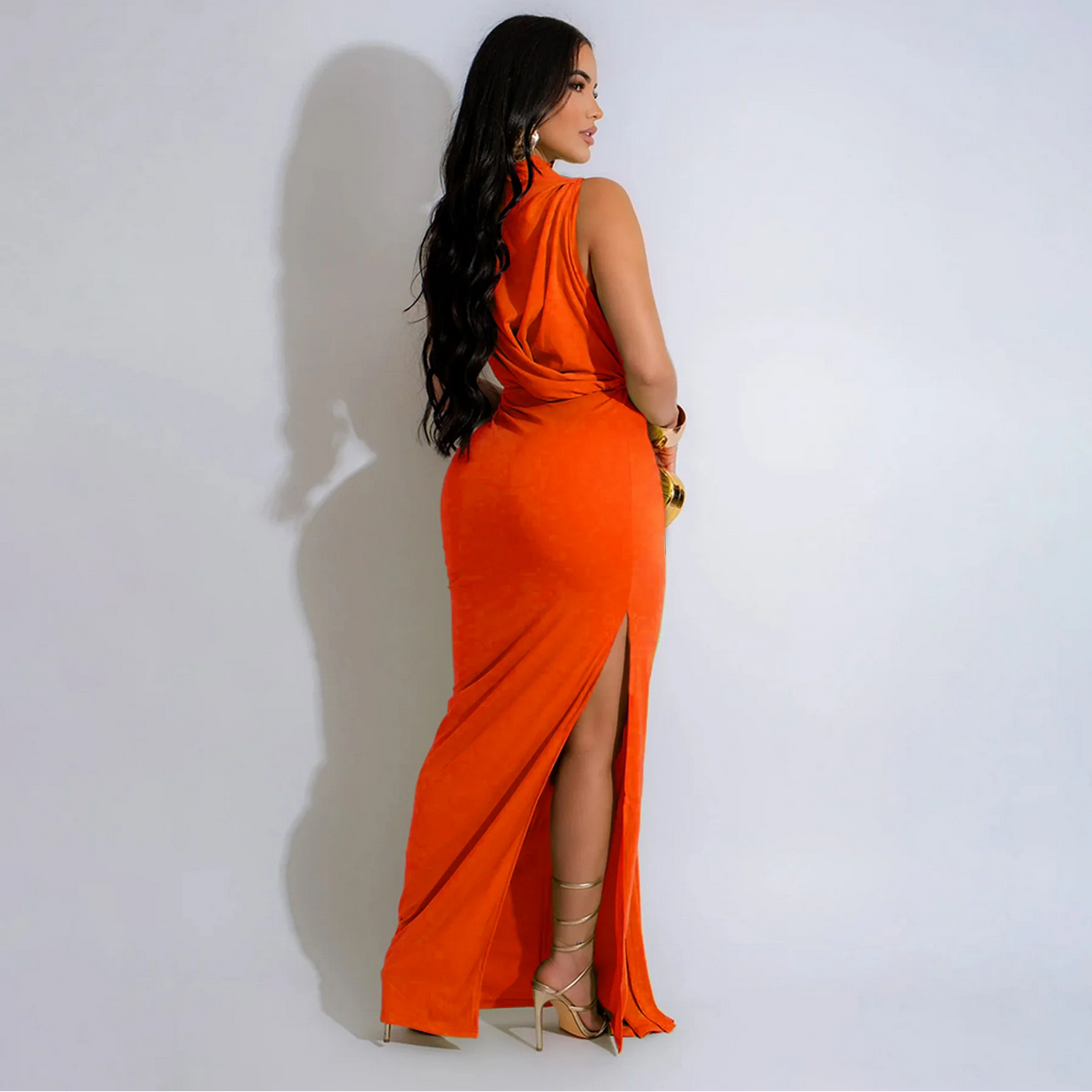 O-neck High Split Ruched Stacked Bodycon Midi Maxi Dress